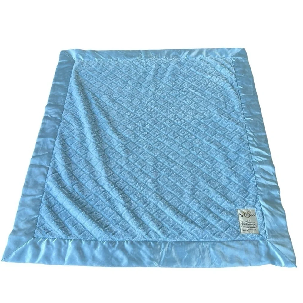 My Blankee Plush Minky Satin Trim Security Baby Blanket Blue 30.5 x 34 GUC